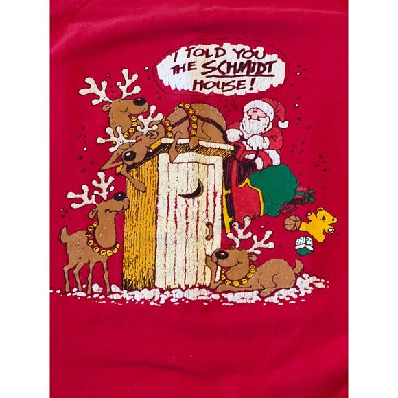 Vintage 90s Red Christmas Sweatshirt Santa Reindeer Graphic Schmidt House XL - Picture 2 of 6